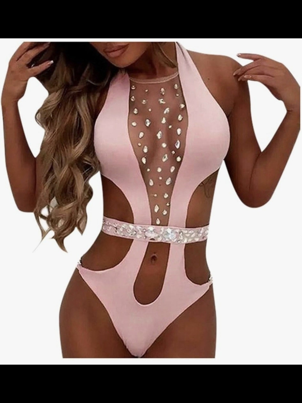 Pink Jewel Cutout Halter One-Piece Swimsuit